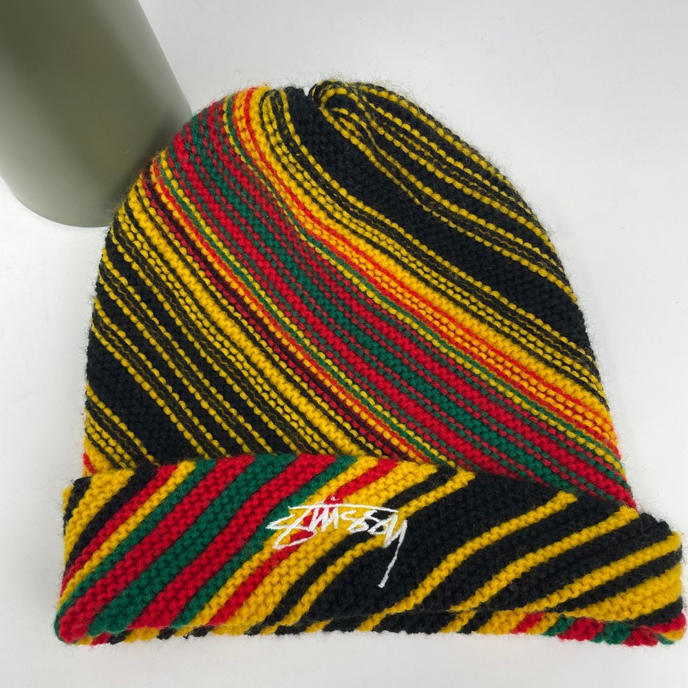 Stussy Tribe Rasta Striped Knit Beanie Hat Red Yellow Green OS Reggae Rare Y2K